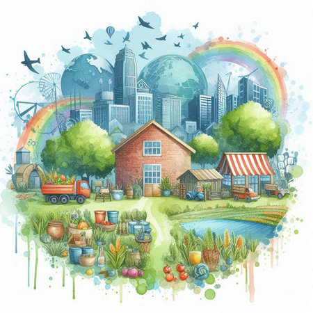 Watercolor illustration of a farm in the countryside with houses, trees and animals.の素材