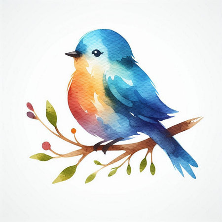 Watercolor blue bird on a branch with leaves. Vector illustration.の素材