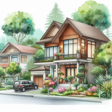 Watercolor illustration of a modern cozy house in the garden with beautiful landscaping.の素材