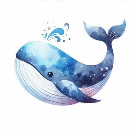 Blue watercolor whale on white background. Hand drawn vector illustration.の素材