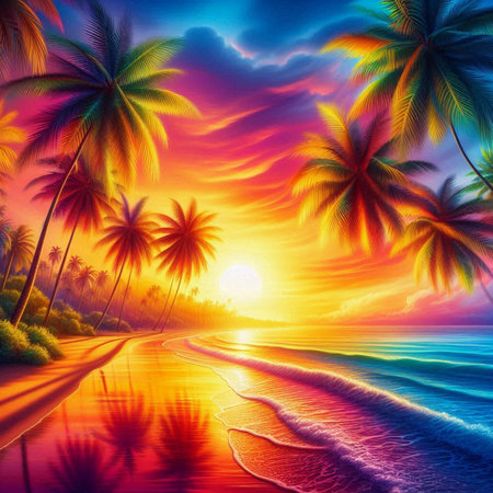 Tropical beach with palm trees at sunset. Nature composition.の素材