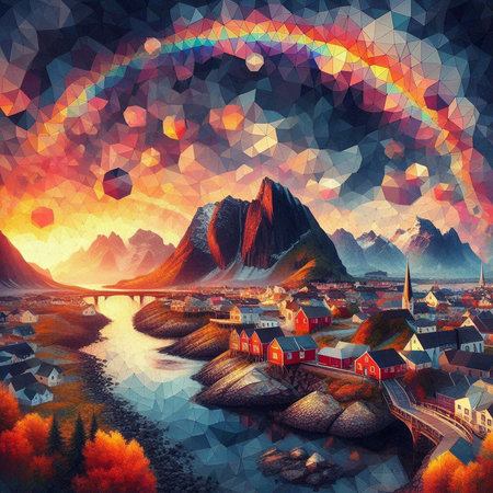 Fantasy landscape with a village in the mountains and a rainbow.の素材