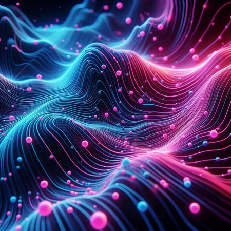3d rendering of abstract background with glowing particles, lines and wavesの素材