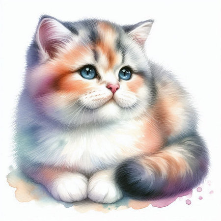 Watercolor portrait of a beautiful fluffy kitten on a white background.の素材