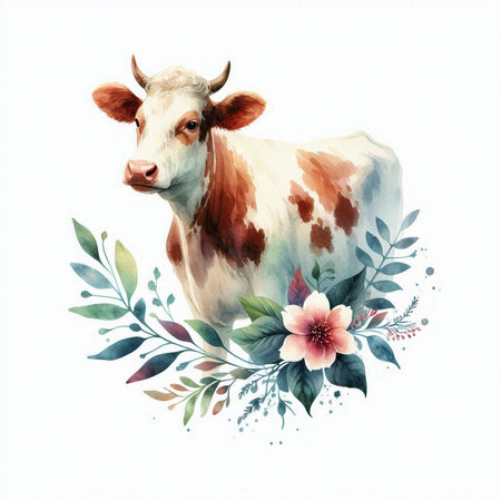 Watercolor cow with flowers. Hand drawn illustration isolated on white backgroundの素材