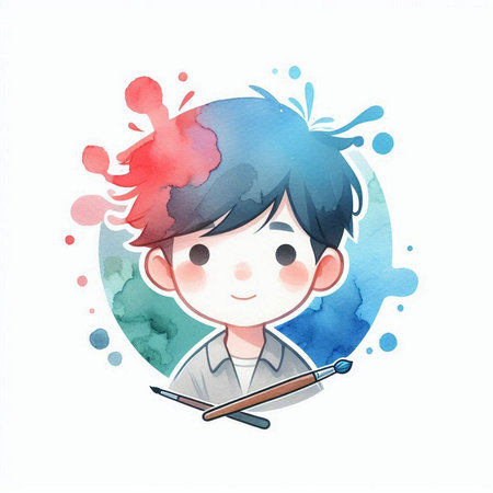Cute boy painting with watercolor on white background. Vector illustration.の素材
