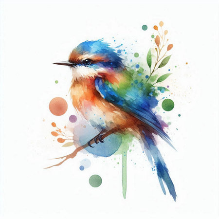 Watercolor illustration of a bird sitting on a branch with flowers.の素材