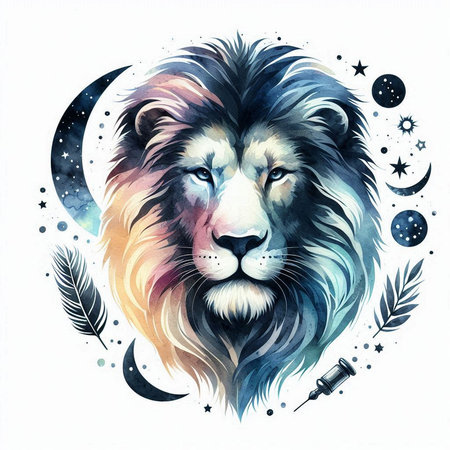 Lion head with moon, stars and feathers. Hand drawn illustration.の素材