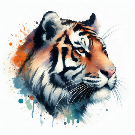 Watercolor illustration of a tiger head on a white background with splashesの素材