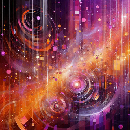 Abstract colorful background with circles and lines, computer-generated image.の素材