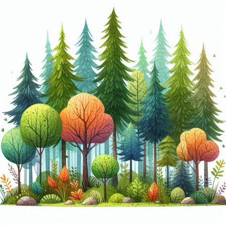 Watercolor forest with trees and bushes on white background. Vector illustration.の素材