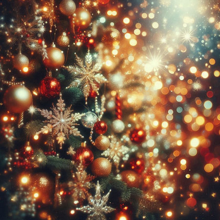Christmas background with ornaments and snowflakes. Filtered image processed vintage effect.の素材