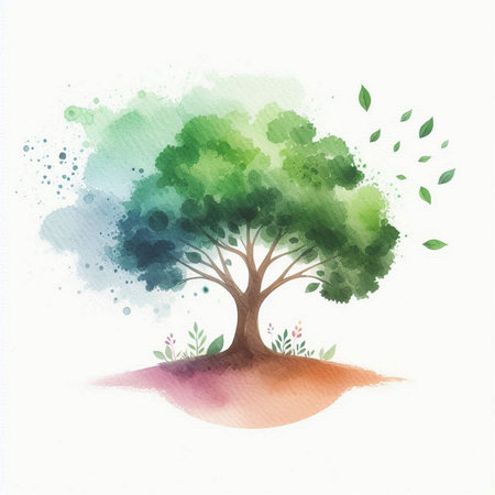 Watercolor tree with green leaves on watercolor background. Vector illustration.の素材