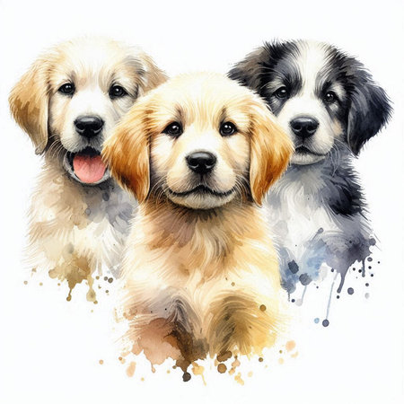 Three golden retriever puppies, digital watercolor painting on white backgroundの素材