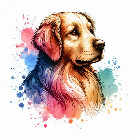 Watercolor portrait of Golden Retriever dog. Hand drawn illustrationの素材