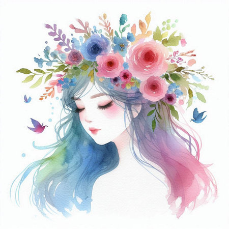 Beautiful girl with flowers in her hair. Watercolor illustration.の素材