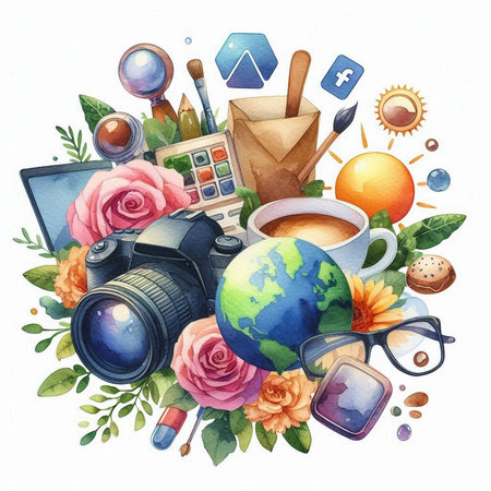 Watercolor illustration of a travel set: camera, map, coffee cup, cosmetics and other itemsの素材