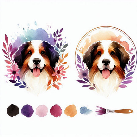 Watercolor set of portraits of cute Bernese mountain dog. Hand drawn illustration.の素材