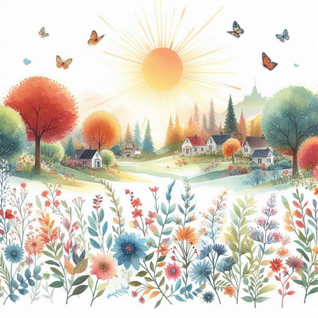 Beautiful rural landscape with village houses, flowers and butterfly. Watercolor illustration.の素材