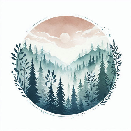 Watercolor landscape with mountains, forest and sun. Vector illustration.の素材
