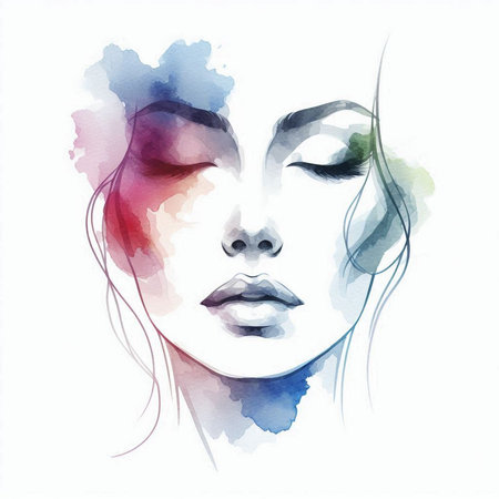 Beautiful woman face in watercolor style. Portrait of a beautiful girl.の素材