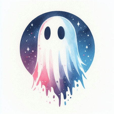 Watercolor illustration of a ghost on a background of the night skyの素材