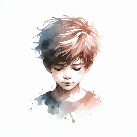 Watercolor portrait of a boy with short hair. Hand-drawn illustration.の素材