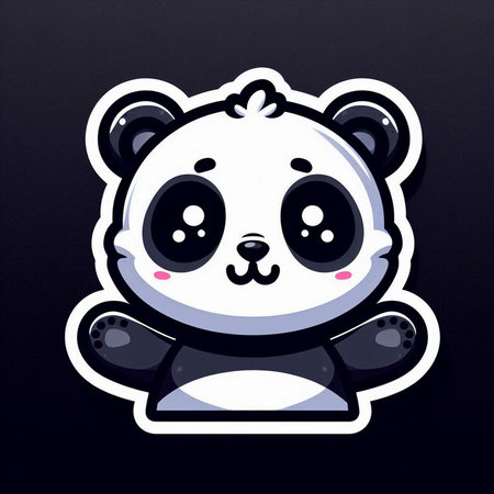 Cute panda cartoon sticker on black background. Vector illustration.の素材