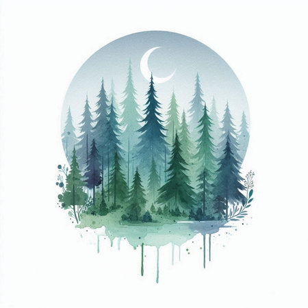 Pine forest in the moonlight. Watercolor illustration. Vector.の素材