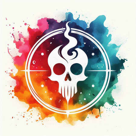 Grunge vector skull with fire flame inside circle on watercolor backgroundの素材