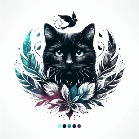 Beautiful black cat with feathers. Hand-drawn vector illustration.の素材