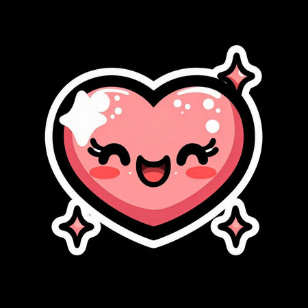 Cute pink heart cartoon sticker on black background. Vector illustration.の素材