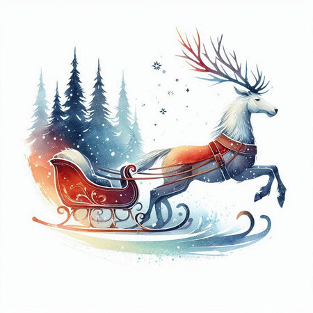 Santa Claus in sleigh with reindeer. Watercolor illustrationの素材