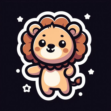 Cute lion cartoon sticker. Vector illustration. Isolated on black background.の素材