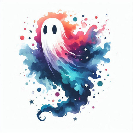 Illustration of a ghost on a watercolor background with stars.の素材
