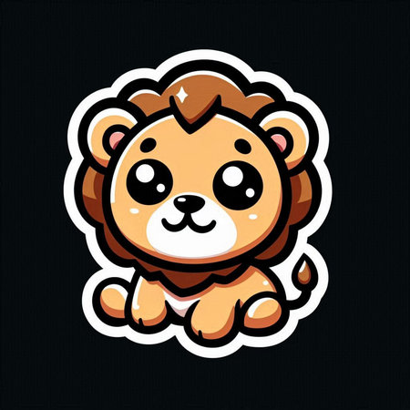 Cute lion cartoon sticker on black background. Vector Illustration.の素材