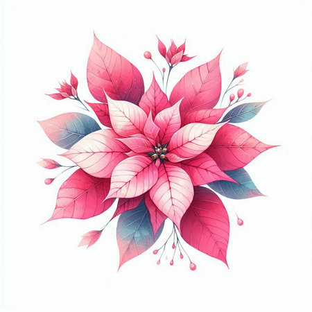 Watercolor poinsettia isolated on white background. Hand drawn illustration.の素材