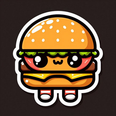 Cute cartoon hamburger. Vector illustration isolated on black background.の素材