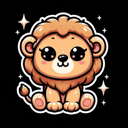 Cute cartoon lion sticker. Vector illustration isolated on black background.の素材