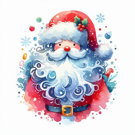 Watercolor Santa Claus with snowflakes. Christmas greeting card.の素材