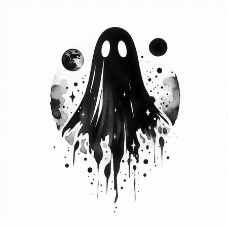 Halloween black ghost on white background. Hand drawn vector illustration.の素材