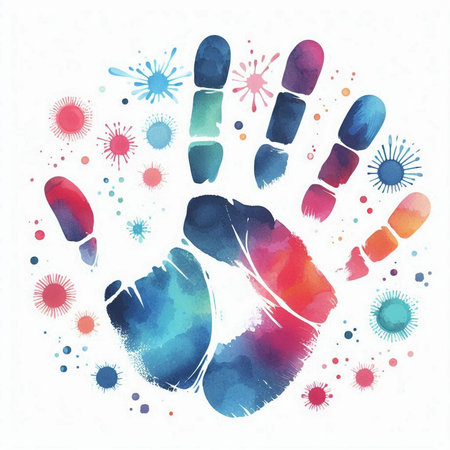 Colorful hand prints with watercolor paint splashes on white backgroundの素材