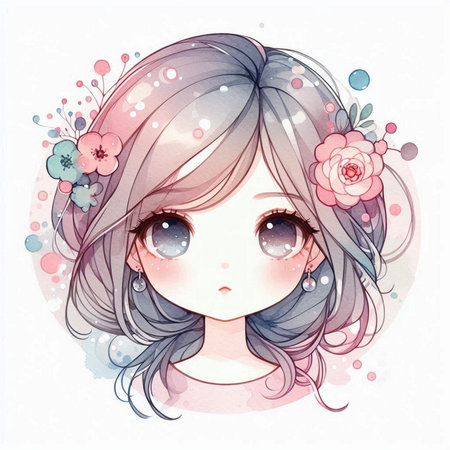 watercolor illustration of a girl with long hair and flowers in her hairの素材