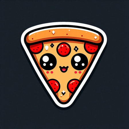 Pizza slice with eyes isolated on dark background. Vector illustration.の素材