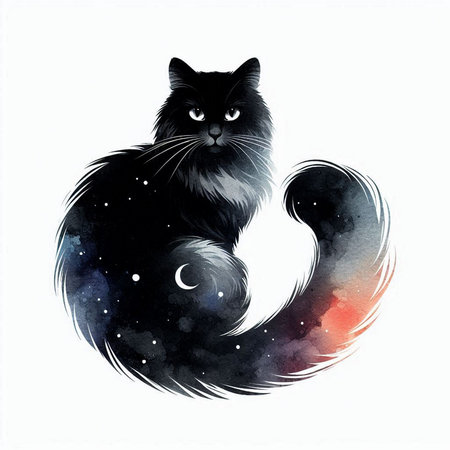 Illustration of a black cat on a white background with the moonの素材