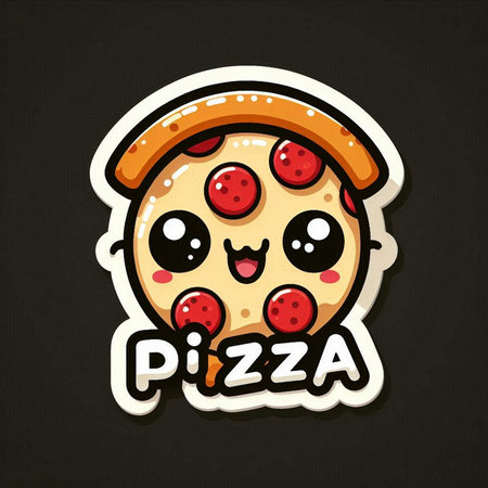 Pizza cartoon sticker. Vector illustration, isolated on black background.の素材