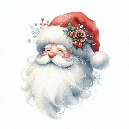 Santa Claus face with red hat and beard. Watercolor illustration.の素材