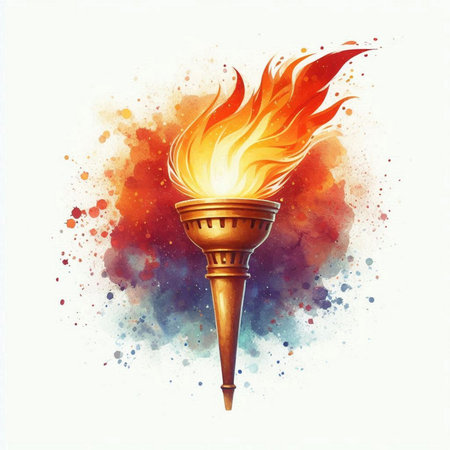 Torch with flame on watercolor splashes background. Vector illustration.の素材