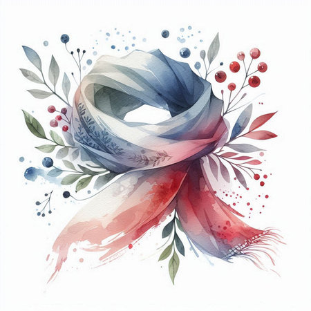 Watercolor illustration of a scarf with leaves and berries on a white backgroundの素材