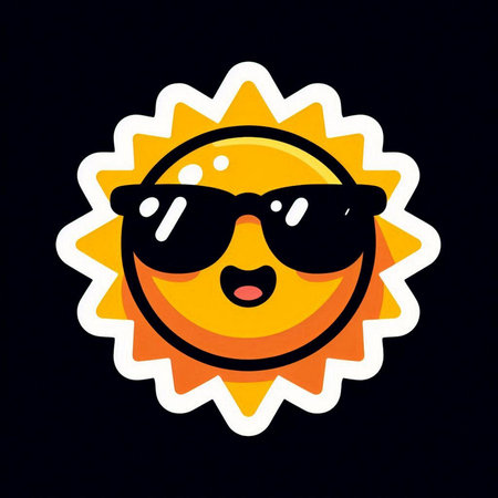 Cute cartoon sun with sunglasses on black background. Vector illustration.の素材
